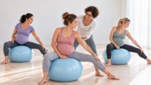 Stretch prenatale in studio luminoso