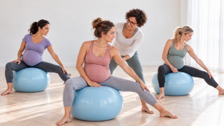 Stretch prenatale in studio luminoso